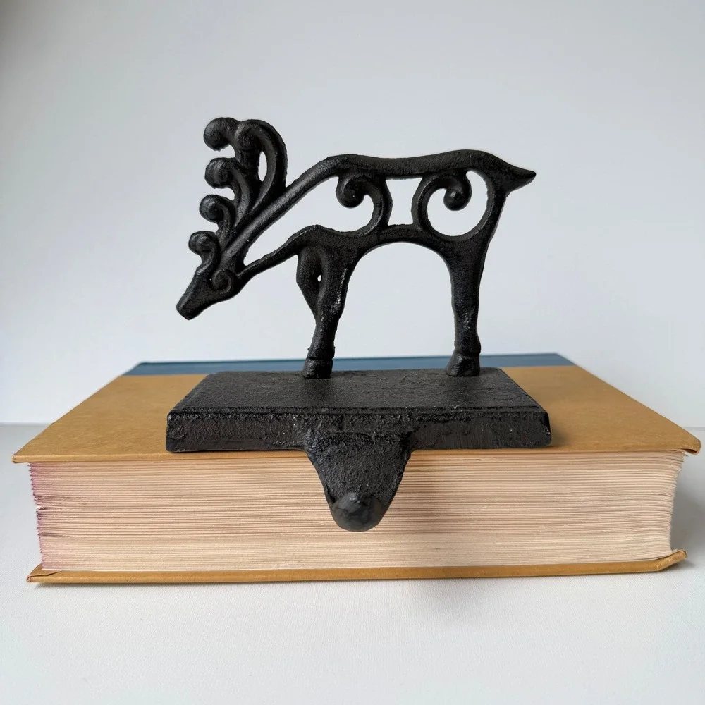 Vintage Cast Iron‎ Reindeer Stocking Hanger Scroll Filigree Rustic
